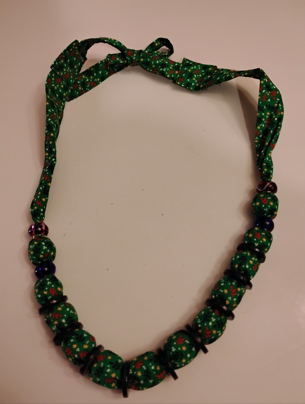 Green Patterned Fabric Wooden Glass Bead Tie-Neck Handcrafted Necklace Adjustabl